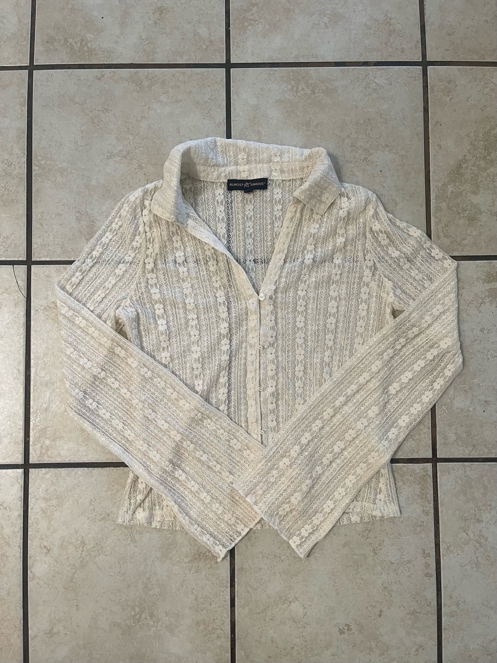 Cream Lace-Textured Long Sleeve Top